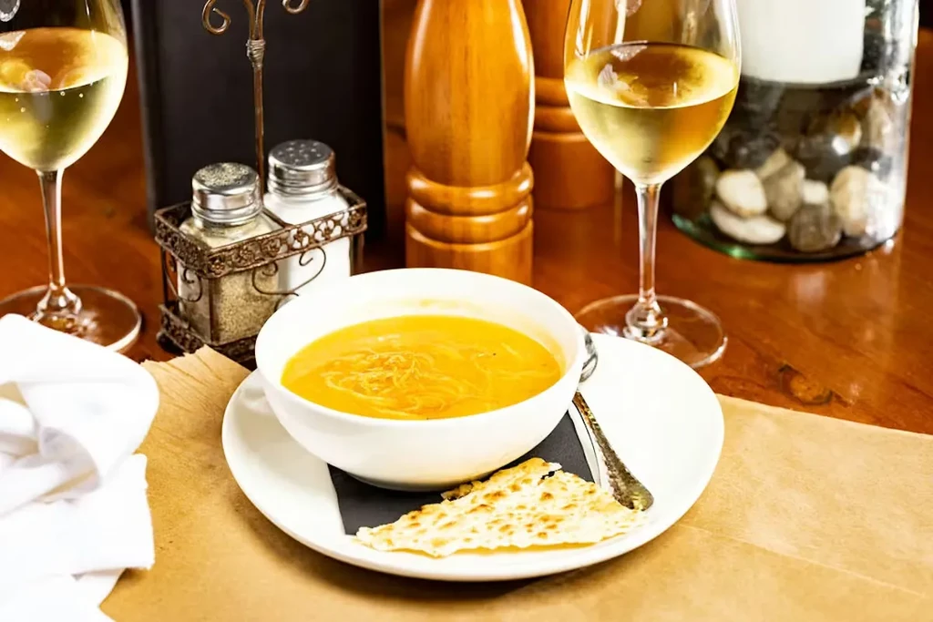 Creamy orange soup, flatbread, wine, and shakers on a wooden table.
