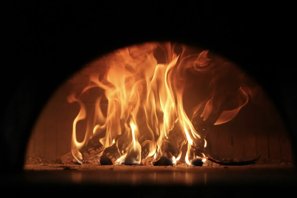 Blazing wood fire in a dark, arched wood-fired oven opening.