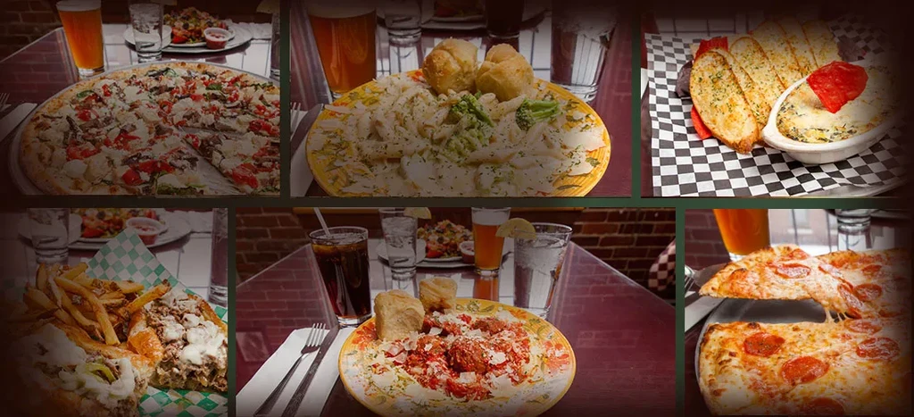 Collage of six photos showing various restaurant food items and drinks.