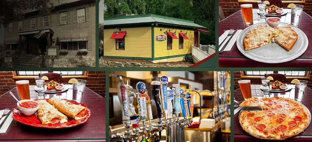 A 2x3 collage of pizza restaurants, pizza dishes, and beer taps.