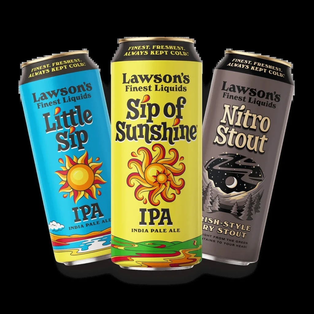 Three Lawson's Finest beer cans: Little Sip, Sip of Sunshine, Nitro Stout.