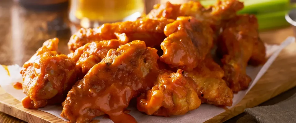 Close-up of orange-red sauced chicken wings with beer and celery.