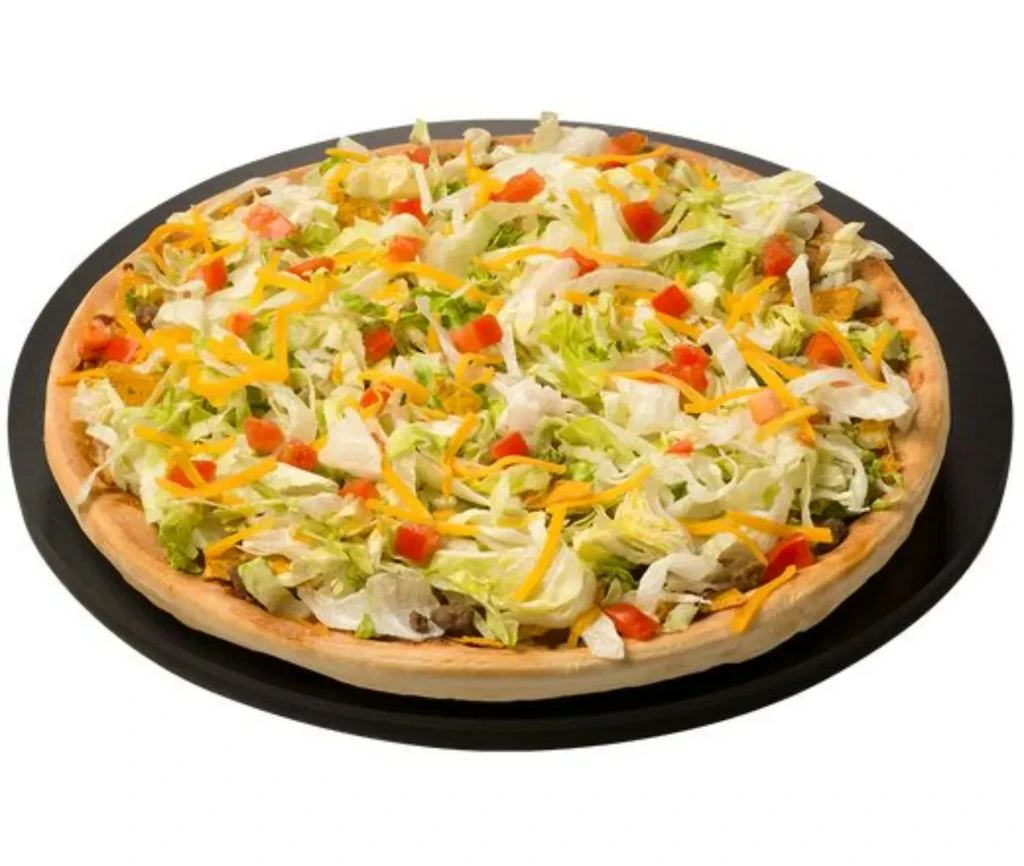 Round, crispy-crust taco salad with lettuce, tomato, cheese, and meat.