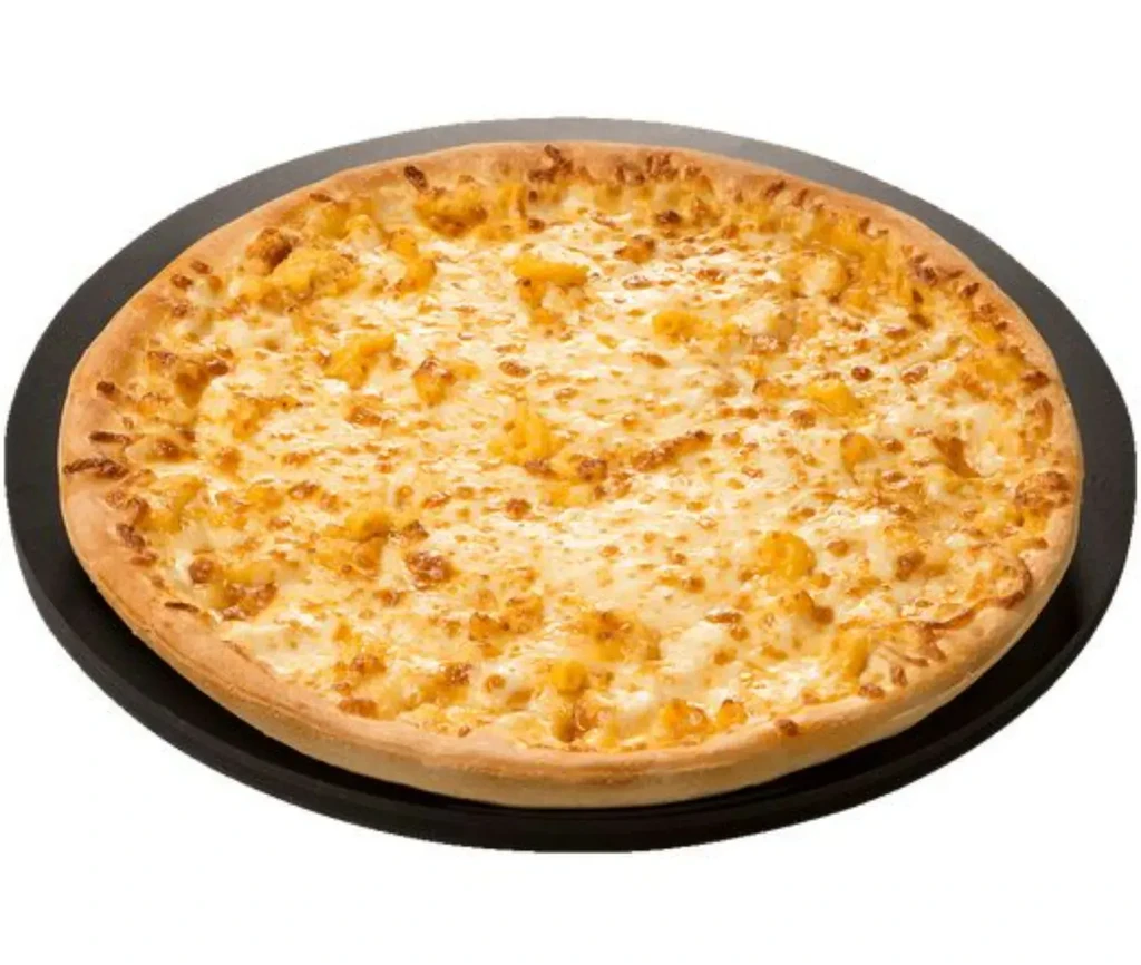 Whole round pizza with melted cheese and pineapple chunks.