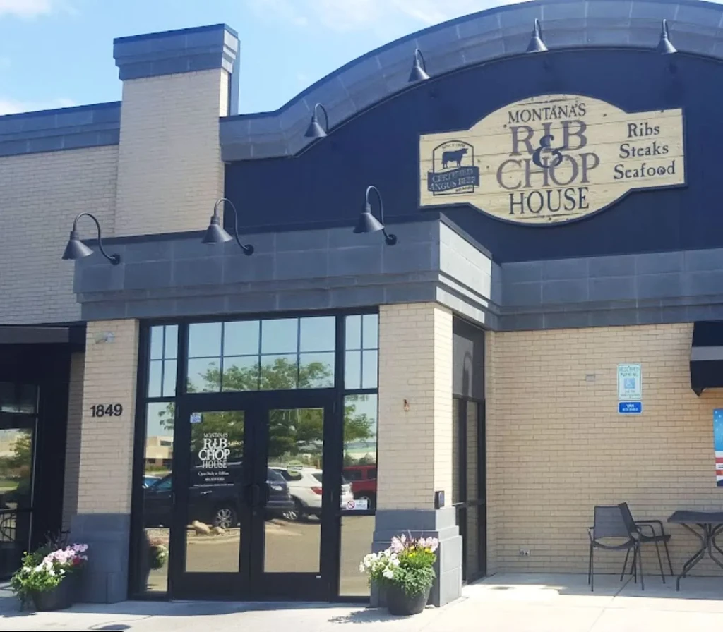 Modern exterior of Montana's R & B Chop House on a sunny day.
