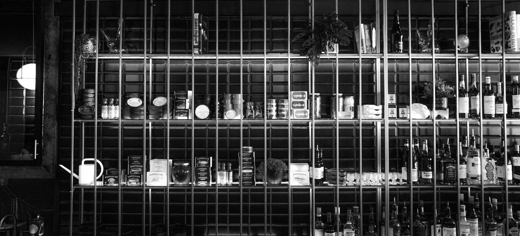 Monochromatic shelving unit with books, plants, liquor, and gourmet food items.