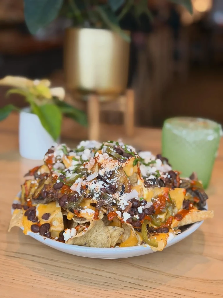 High-angle shot of nachos loaded with cheese, meat, beans, and salsa.