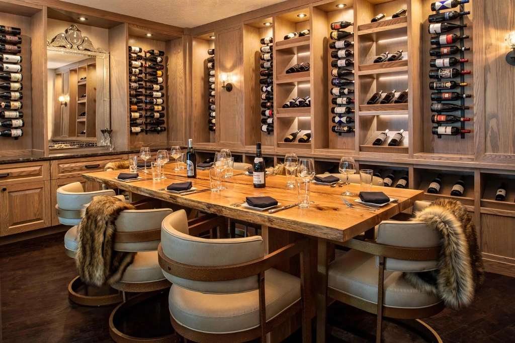 Formal private dining room with a long table and illuminated wine display.