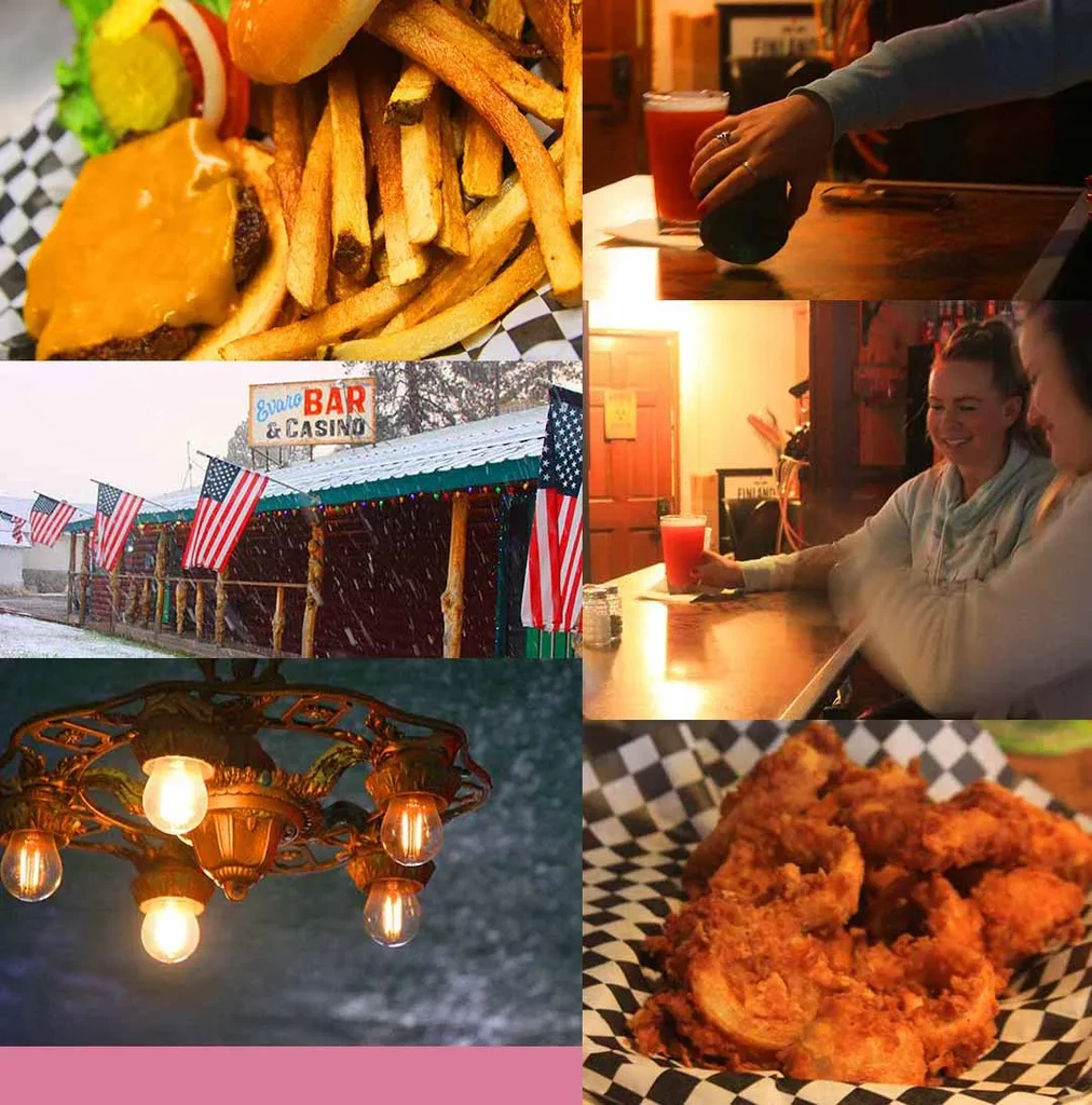 Collage of six photos showing a bar, casino, food, and drinks.