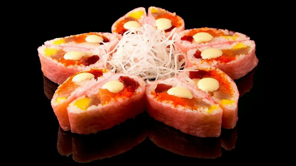 Five sushi pieces, star-arranged, with pink rice and fish on black.