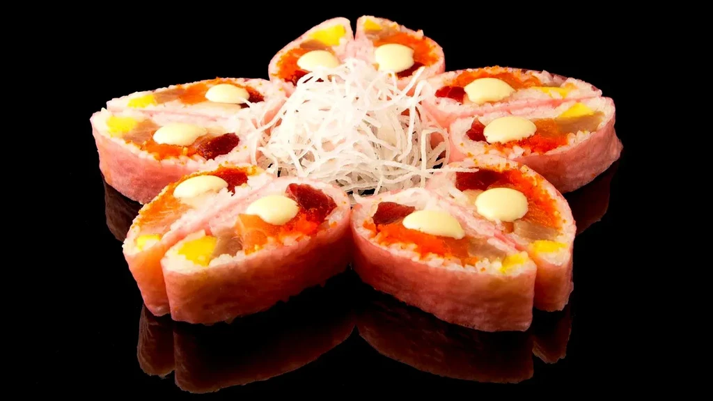 Five pink sushi rolls, star-arranged, with colorful fillings on black.