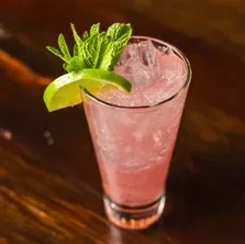 Pinkish-red cocktail in a tall glass with ice, lime, and mint.