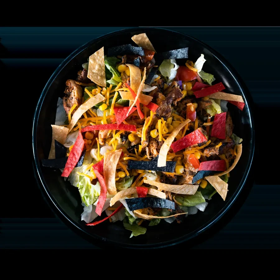 Colorful chicken salad with cheese, corn, and tortilla strips from above.