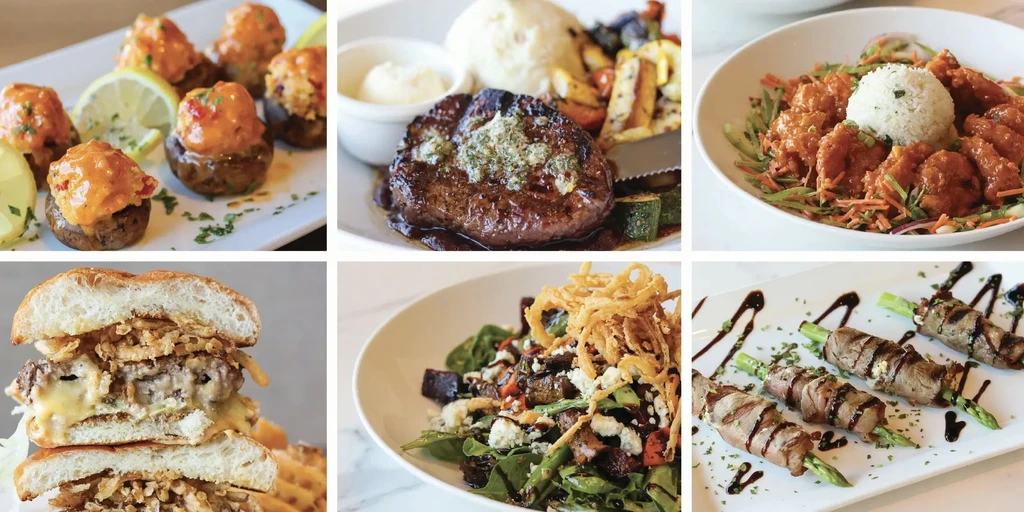 Collage of six different professionally photographed food dishes.