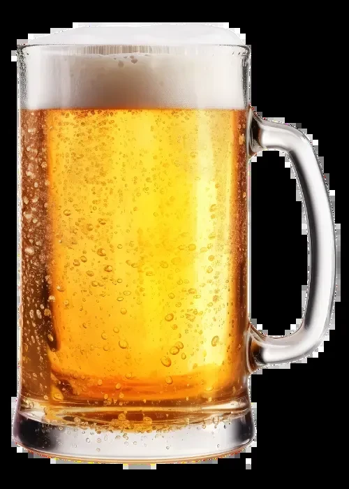 Bubbly golden beer in clear glass mug with foam, black background.