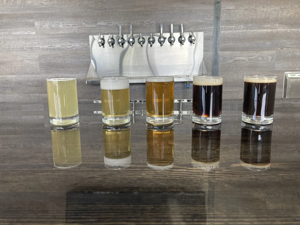 Flight of five beers, progressively darker, in a taproom.