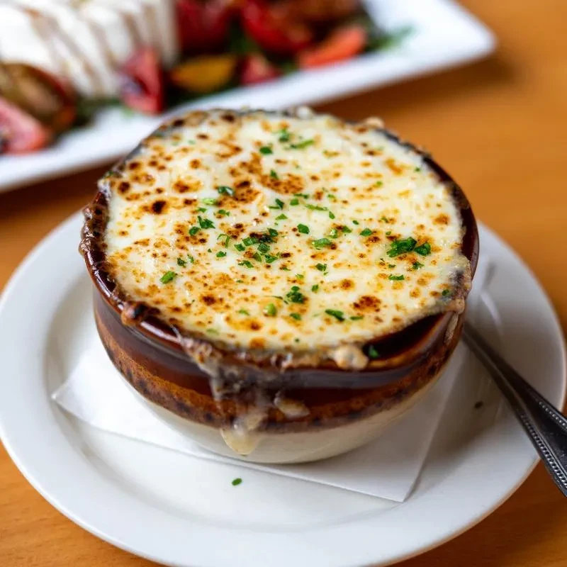 Rustic bowl of bubbling, melted cheesy soup with green herbs.