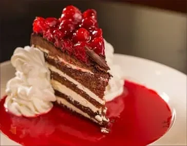 A slice of chocolate cake with cherries, whipped cream, and berry sauce.