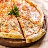 A whole cheese pizza with one slice cut, on a wooden board.