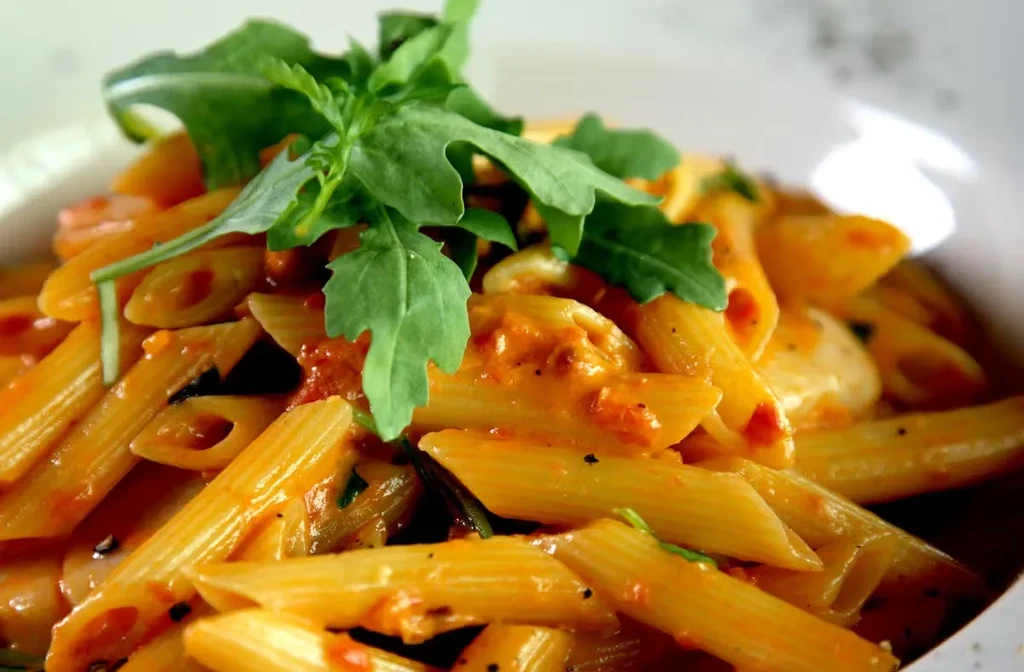 Close-up of penne pasta with creamy tomato sauce, topped with arugula.