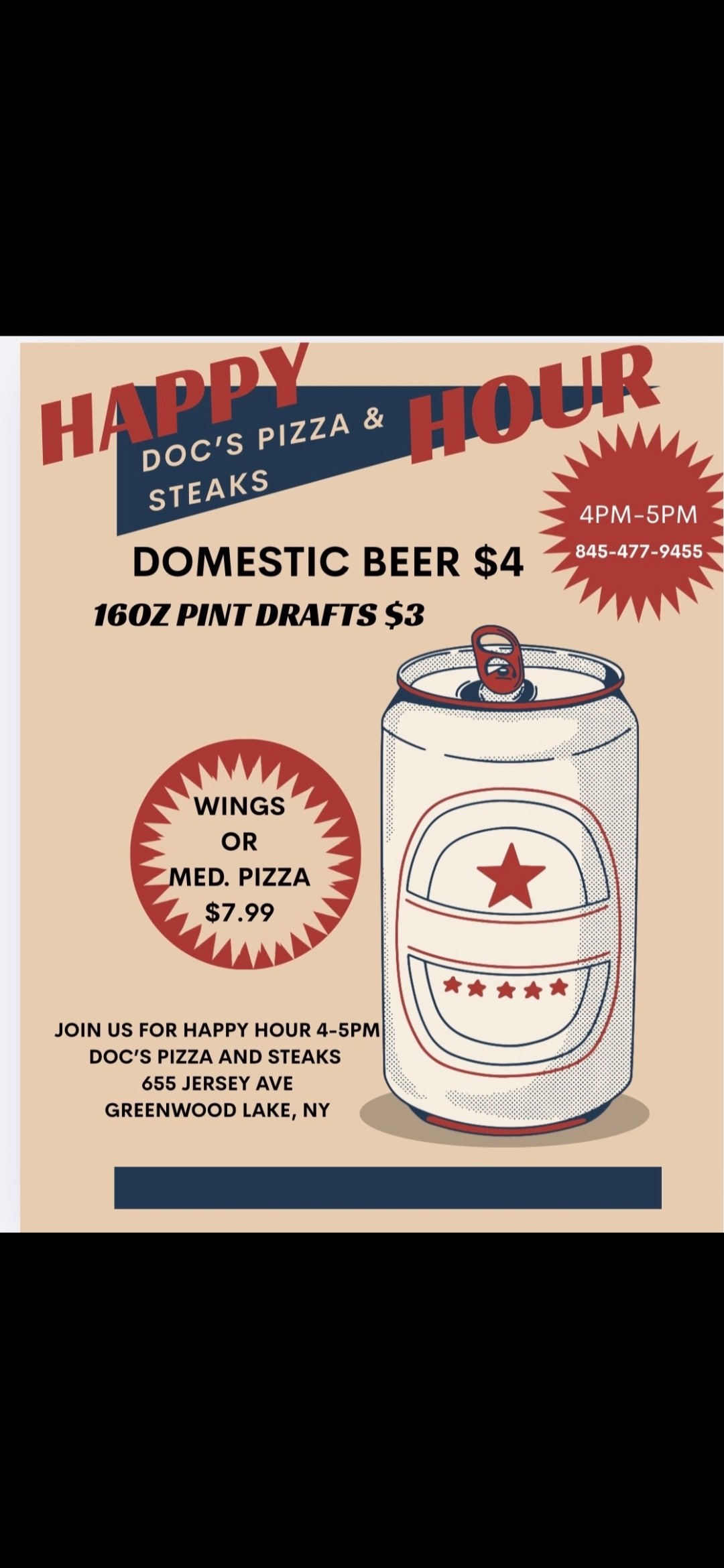 happy hour tue--sat    4:00pm ---5:00pm