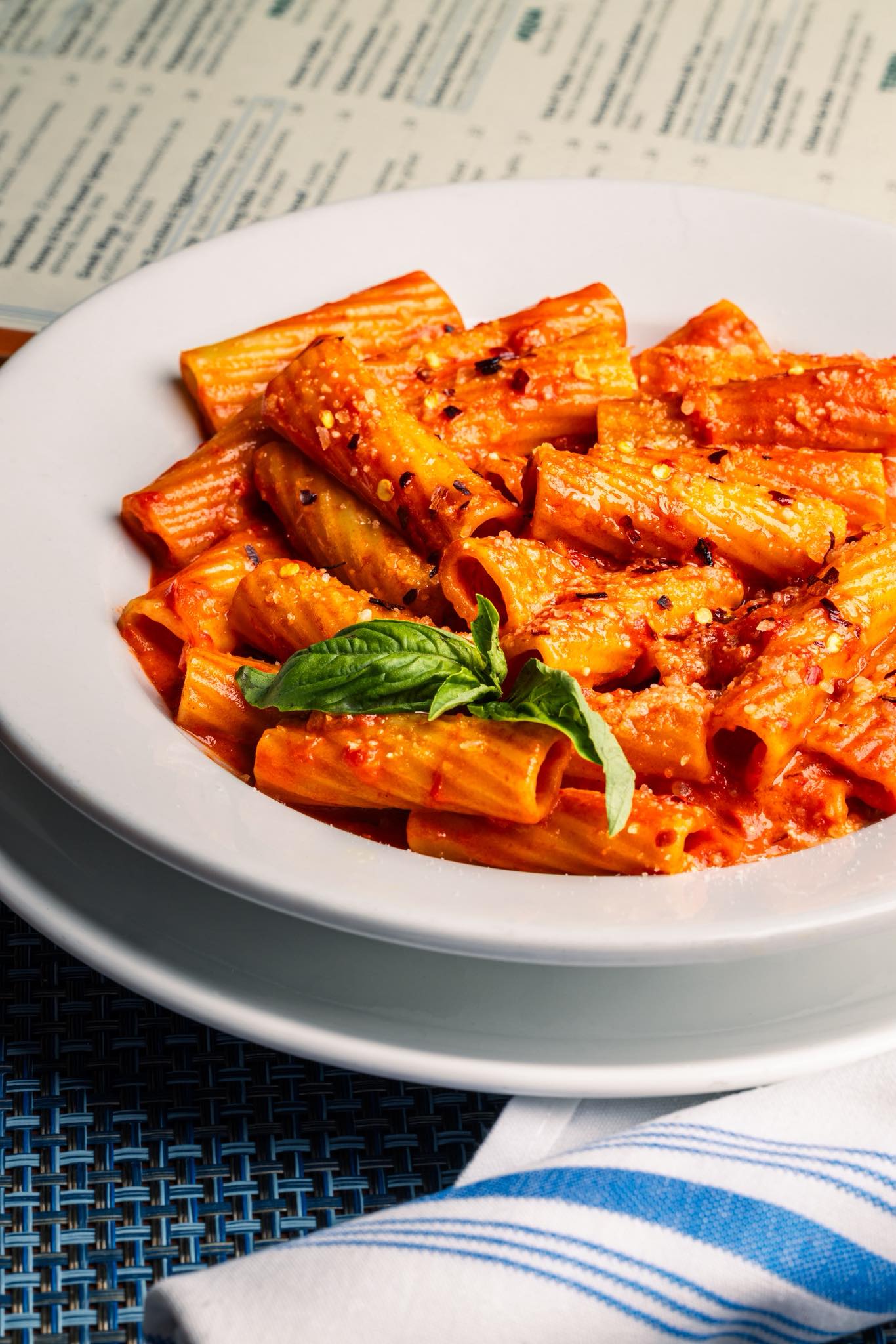 Rigatoni pasta with creamy red sauce, basil, and red pepper flakes.