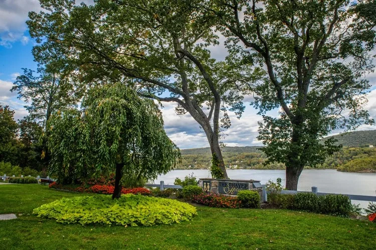 Lush garden with weeping tree and hotel sign overlooking a lake.