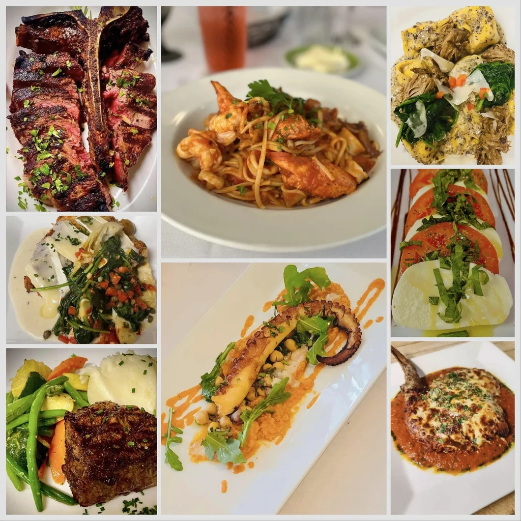 Collage of eight professionally photographed and varied restaurant dishes.