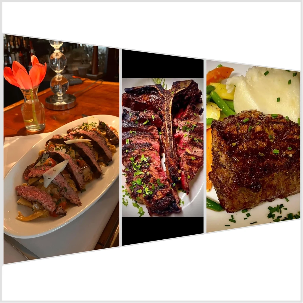 Collage of three distinct steak dishes with vegetables and garnishes.
