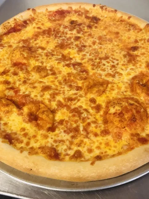 Round cheese pizza with bubbly cheese and golden crust on a tray.