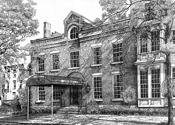 Black-and-white ink drawing of historic brick building with 'Van Dyke' awning.