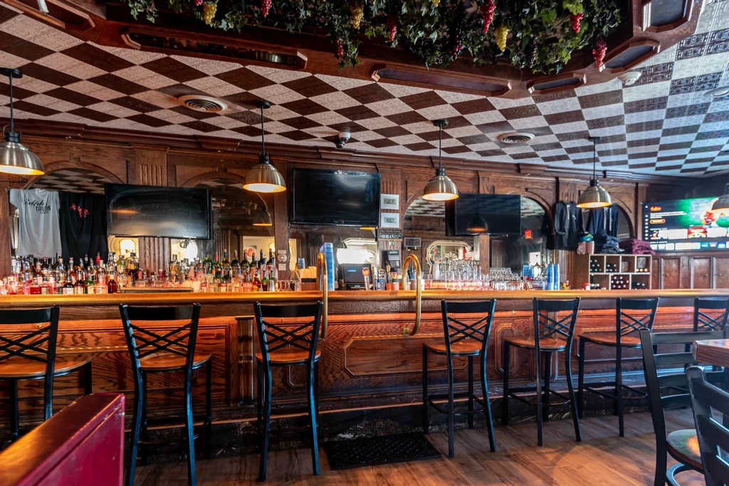 Empty, well-stocked rustic wooden bar with checkerboard ceiling and grapevines.
