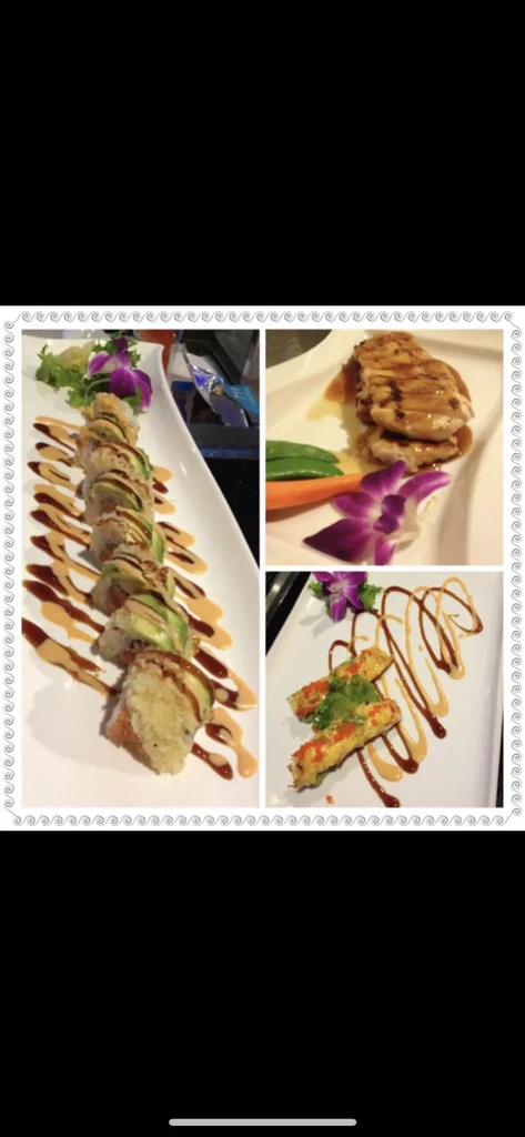 Collage of Asian-inspired sushi, chicken, and spring rolls with orchids.