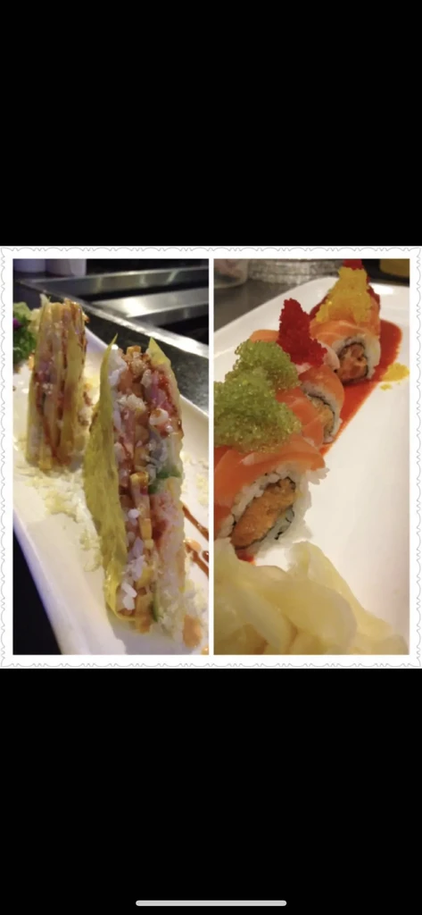 Plates of green hand rolls and salmon sushi garnished with roe.