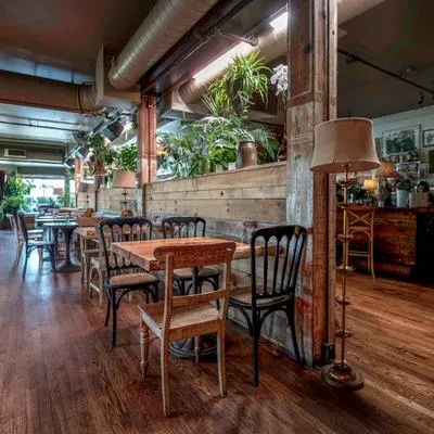 Empty rustic-industrial restaurant interior with wooden tables, plants, and ductwork.