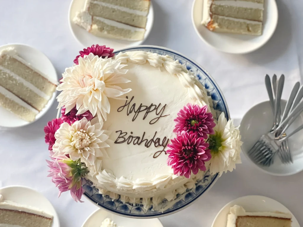 Top-down: "Happy Birthday" cake with dahlias, slices, and forks.