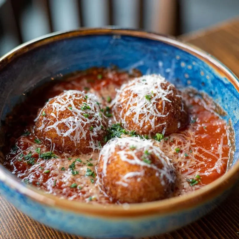 Golden-brown fried spheres in tomato sauce, topped with cheese and herbs.