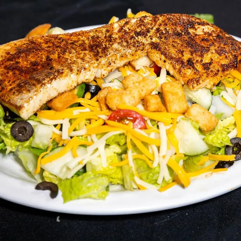 Hearty salmon fillet salad with lettuce, cheese, cucumbers, tomatoes, and olives.