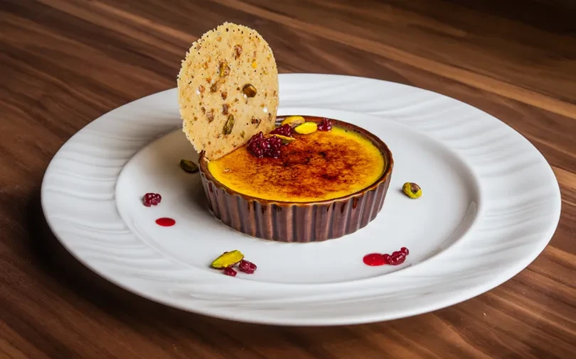 Caramelized crème brûlée with berries, pistachios, and a tuile on a white plate.