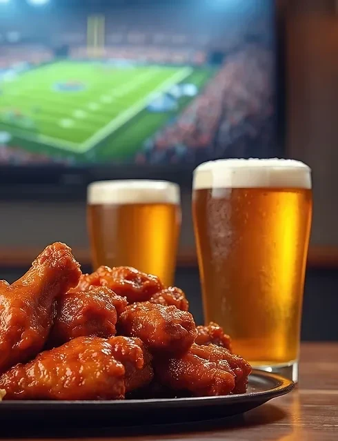 Sauced chicken wings, two beers, and a blurred football game on screen.