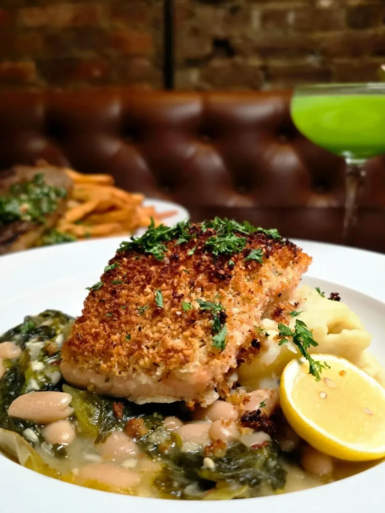 Plate of baked fish with crispy crust, herbs, greens, potatoes, and lemon.
