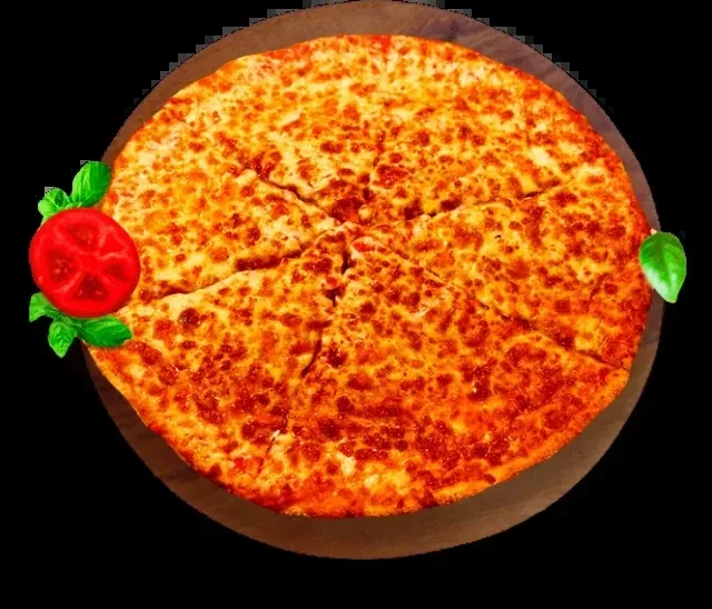 Golden-brown cheesy pie, pre-sliced, garnished with tomato and basil.