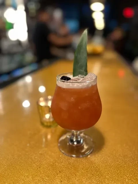 Orange-red cocktail with frothy top, garnish, and blurred bar background.