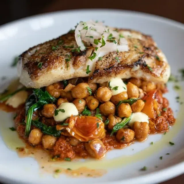 Pan-seared fish with onions, herbs, chickpeas, and reddish orange sauce.