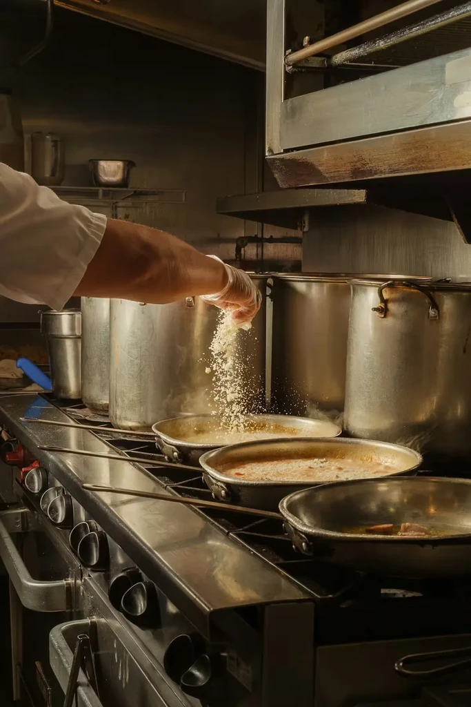 Gloved chef sprinkles ingredient into pan of cooking food.