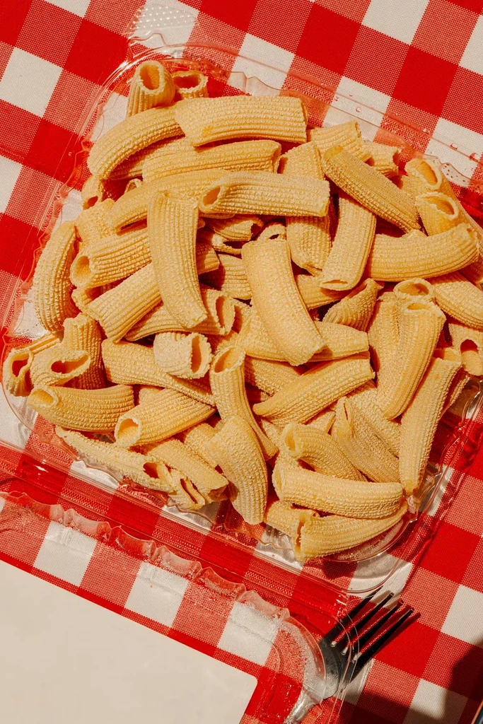 Rigatoni pasta in takeout container with fork on red checkered tablecloth.