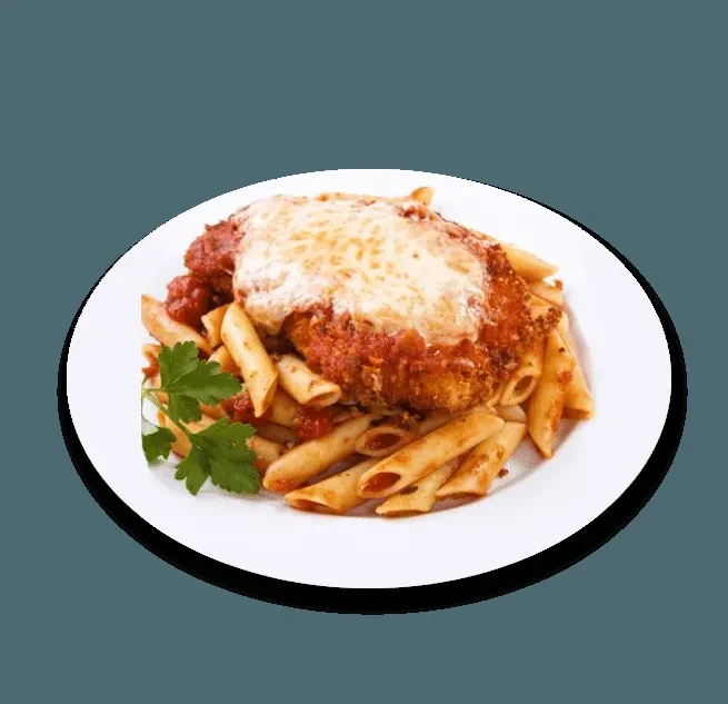 Chicken/veal parmesan with penne pasta, marinara, melted cheese, and parsley.
