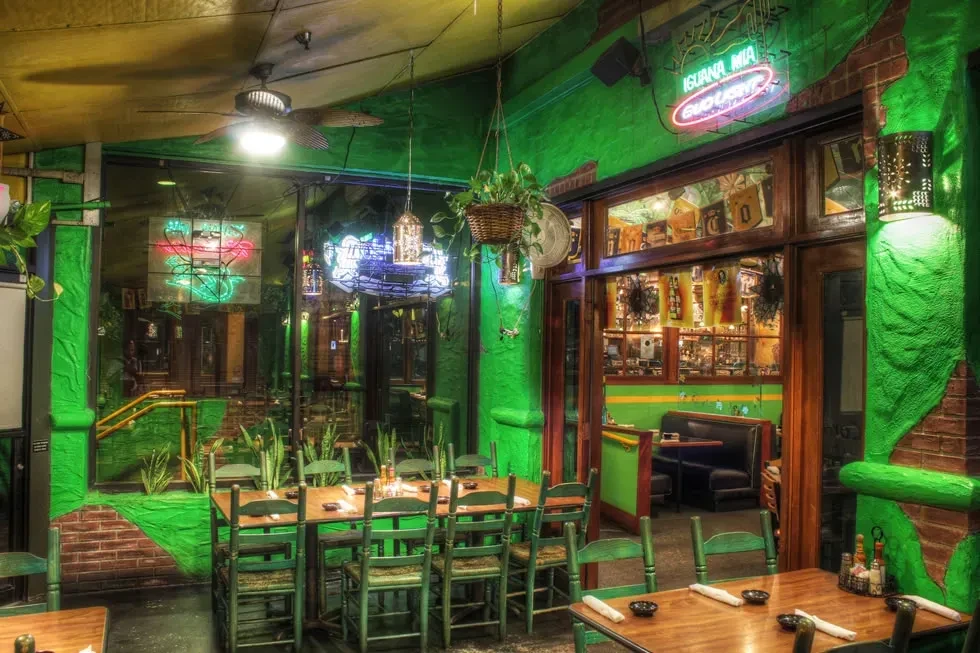 Lime green restaurant interior with neon signs, textured walls, and plants.