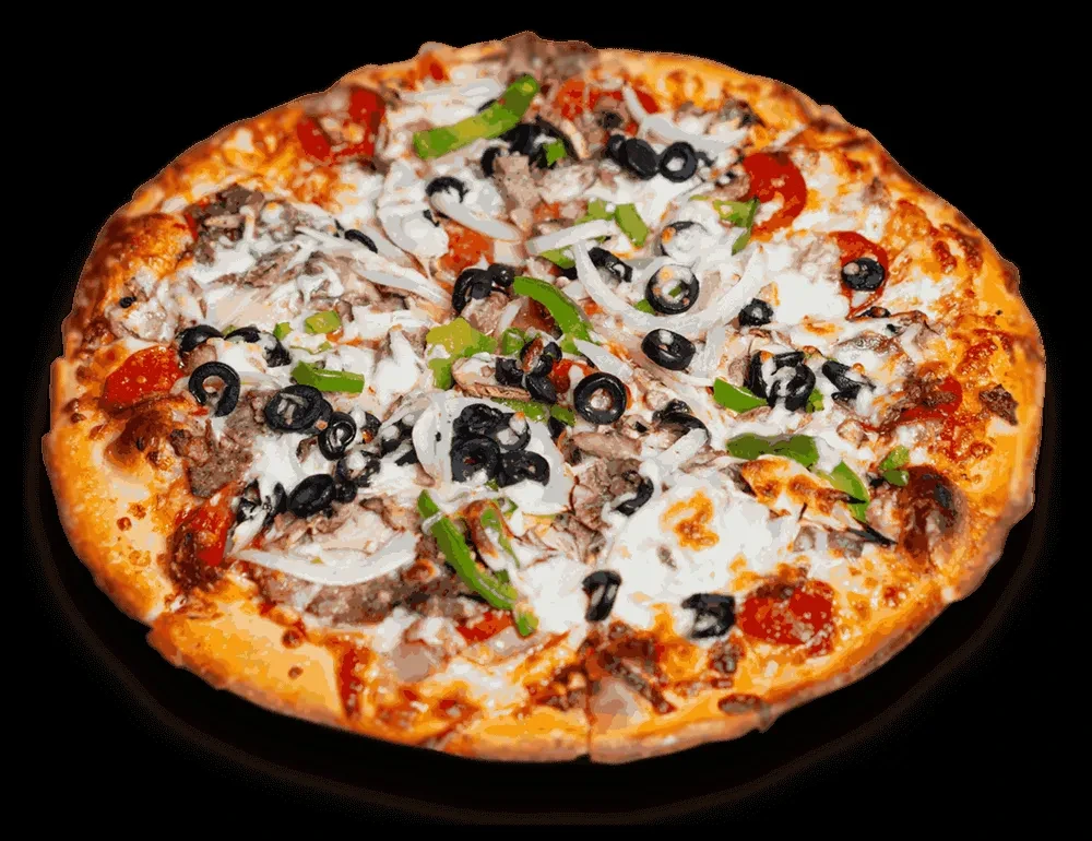 Round pizza with meat, cheese, olives, peppers, onions on black.