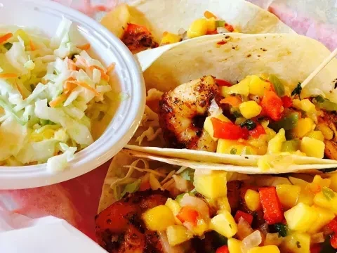 Two fish tacos with mango salsa and a side of coleslaw.